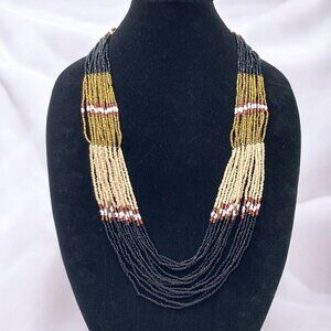 Multi Strand Seed Bead Necklace Earth Tones Gold Ivory Rust Slate 29"L + 1"